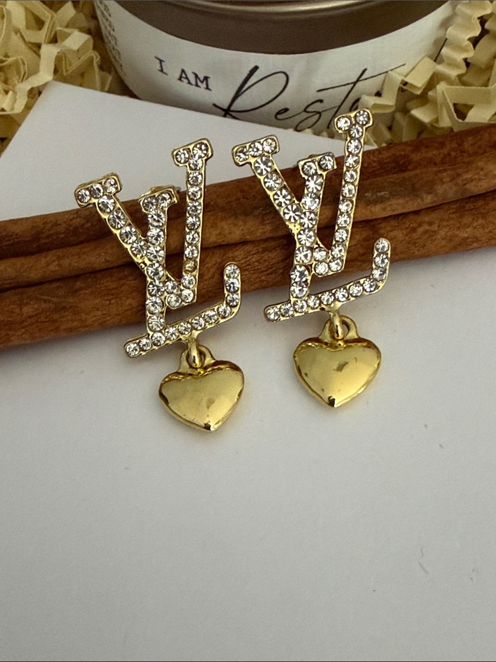 Gold Crystal Heart Drop logo Stud Earrings - Gold